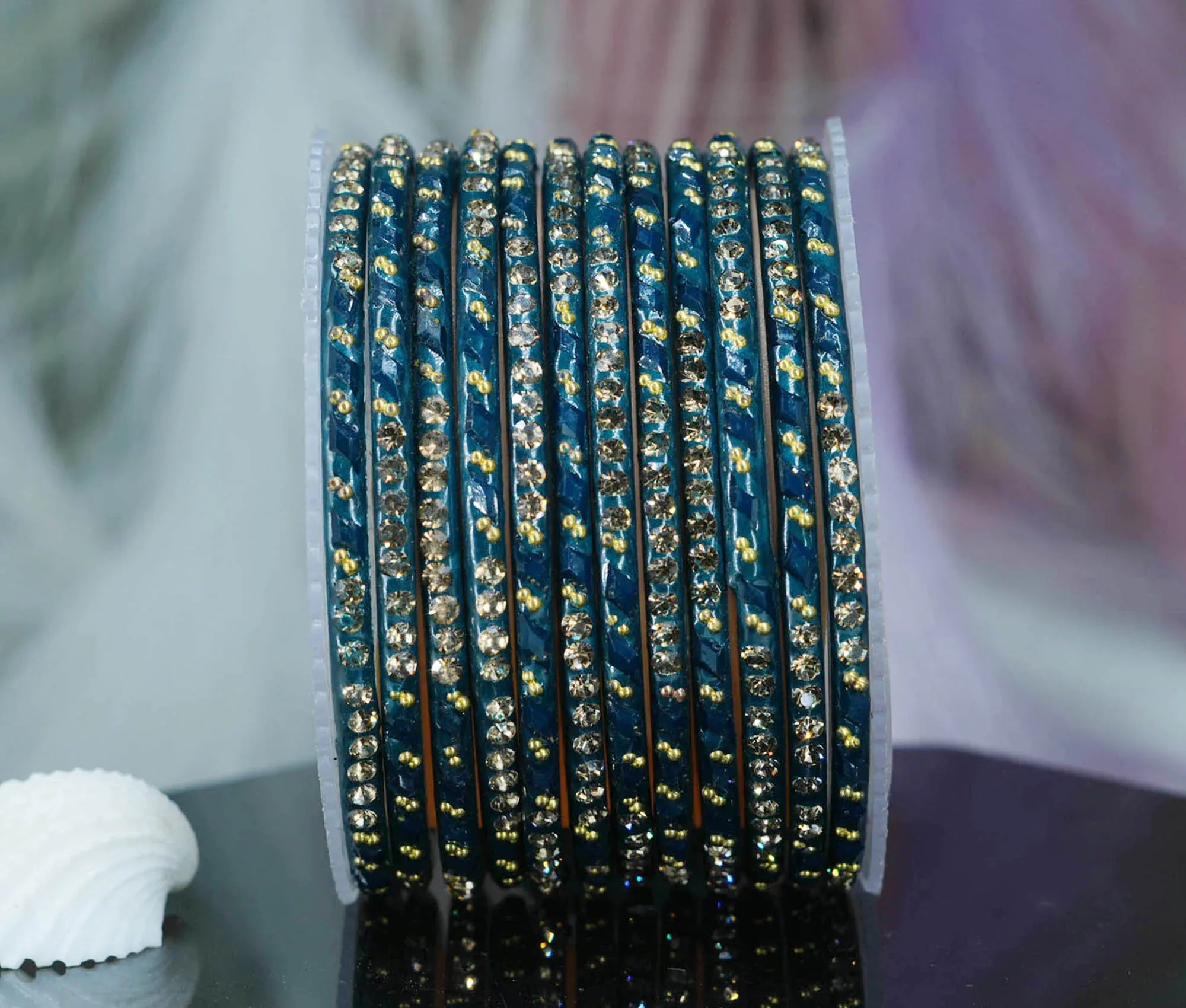 Glass Bangles with Gold Pearl Beads Studded for Women & Girls (Pack 12 Bangles) - The Golden Cascade